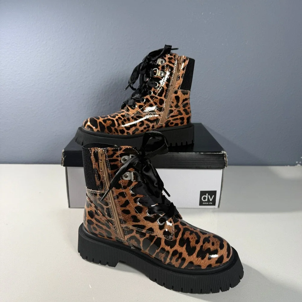 DV Dolce Vita Chrystal Leopard Print Patent Lug‎ Sole Combat Boots Kids Size 4